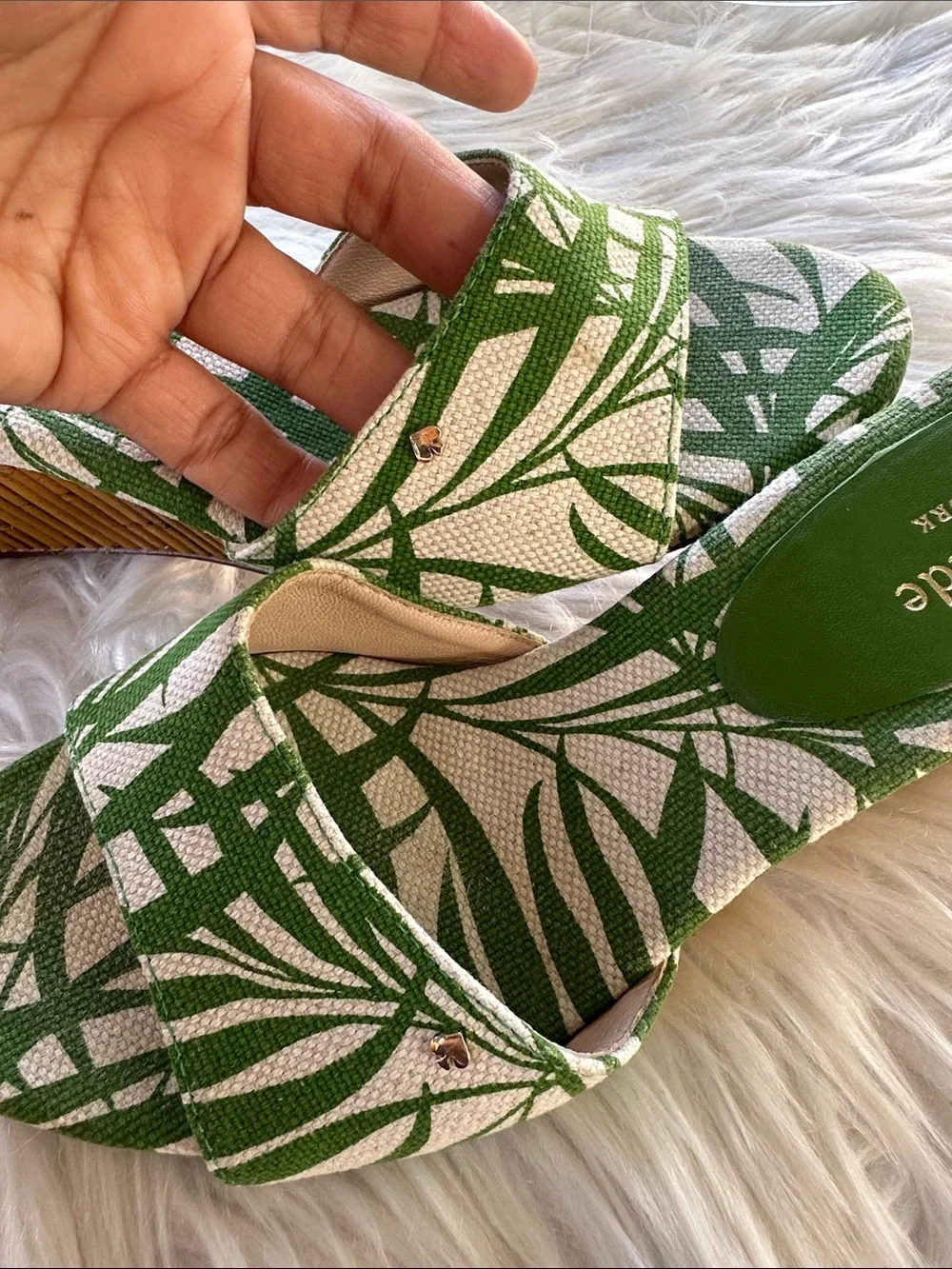 Kate Spade Meena Canvas Green Leaf Print Wedge Sandals